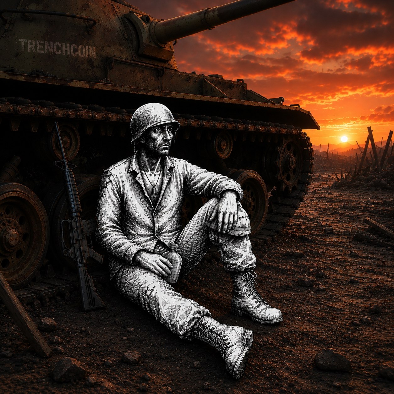 Trenchcoin soldier resting beside a tank at sunset